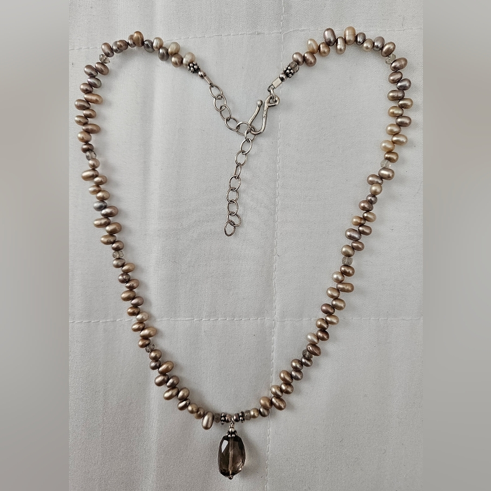 Sterling Silver 925 Freshwater Pearl Necklace w/ Smoky Quartz Pendant - Picture 4 of 7